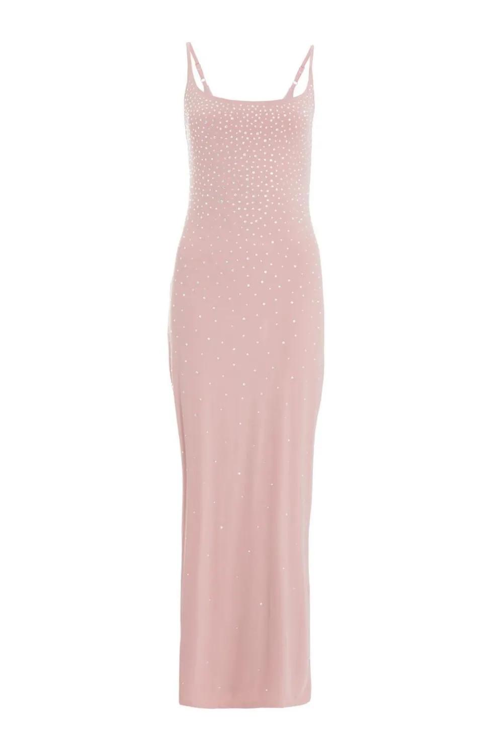 Nude Rhinestone Square Neck Maxi Dress