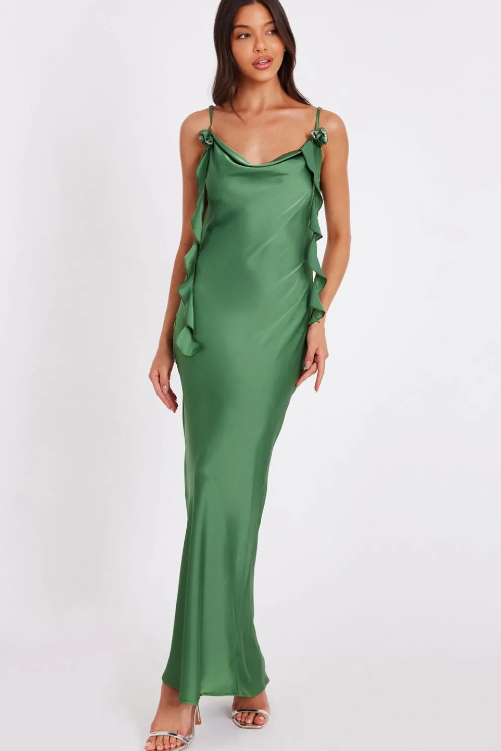 Olive Satin Corsage Midaxi Dress