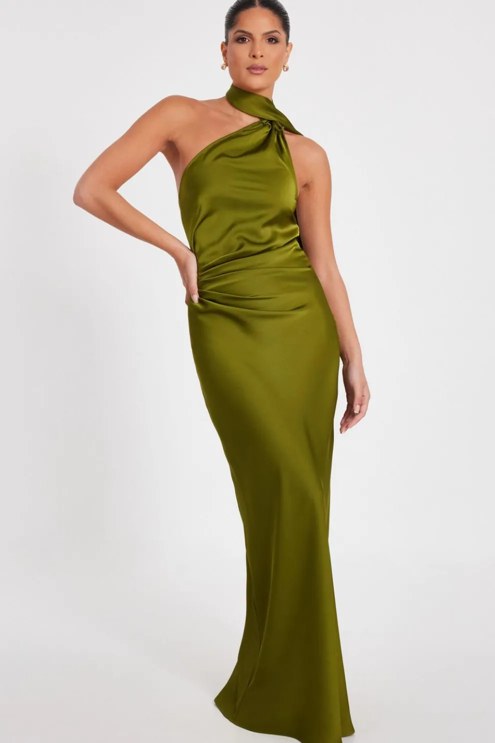 Olive Satin Wrap Neck Maxi Dress