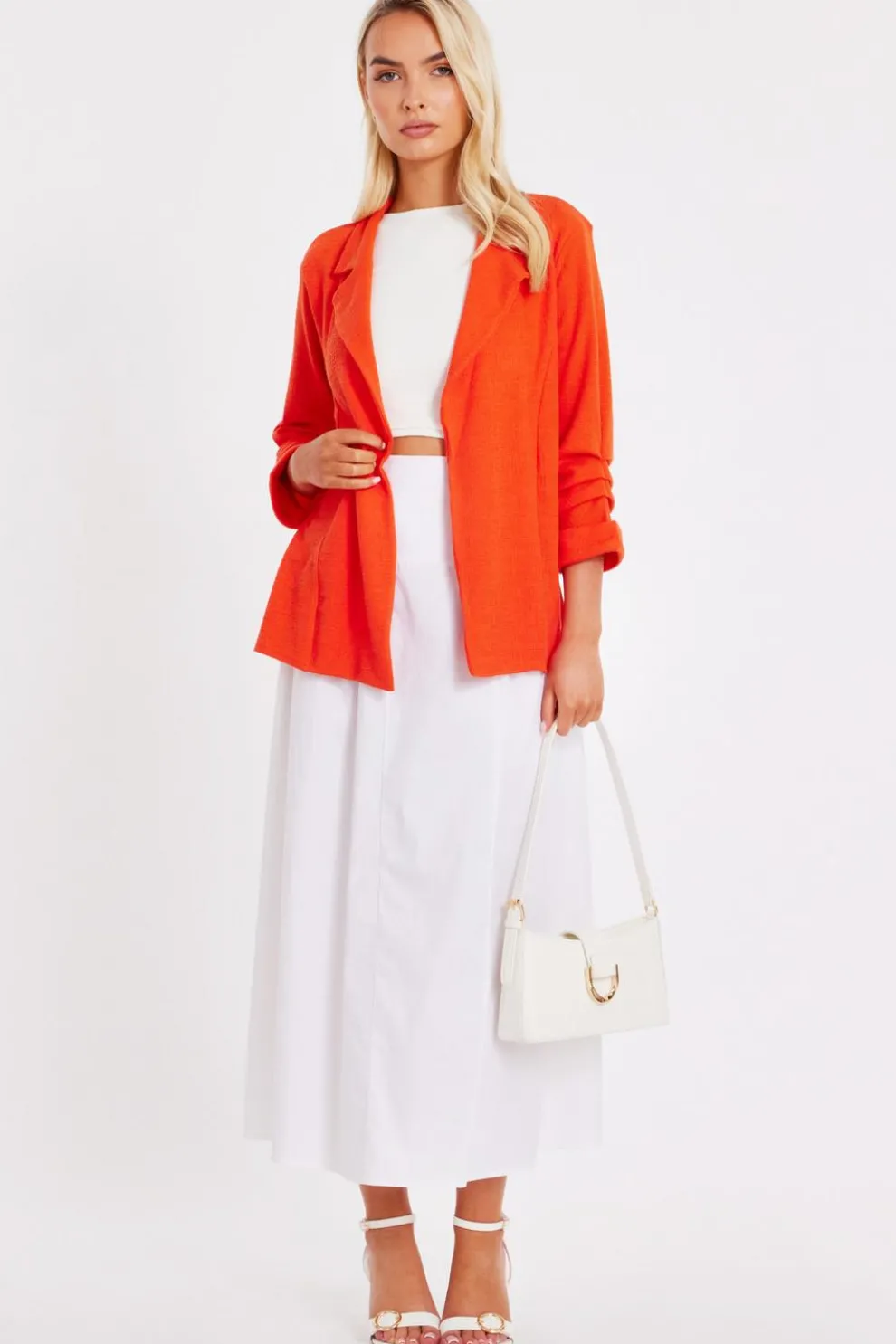 Orange Textured Ruched Sleeve Blazer