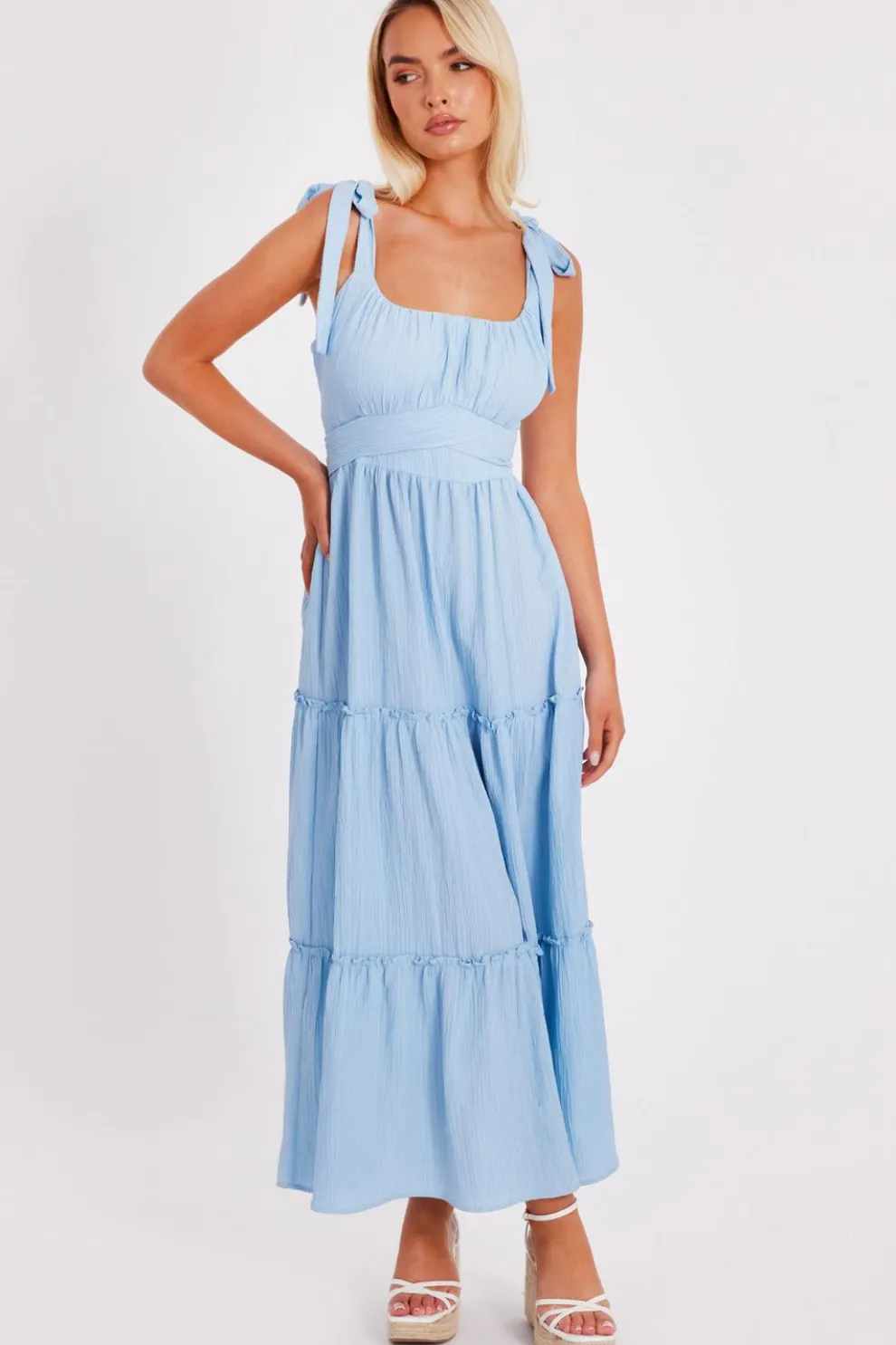 Pale Blue Crinkle Midaxi Dress