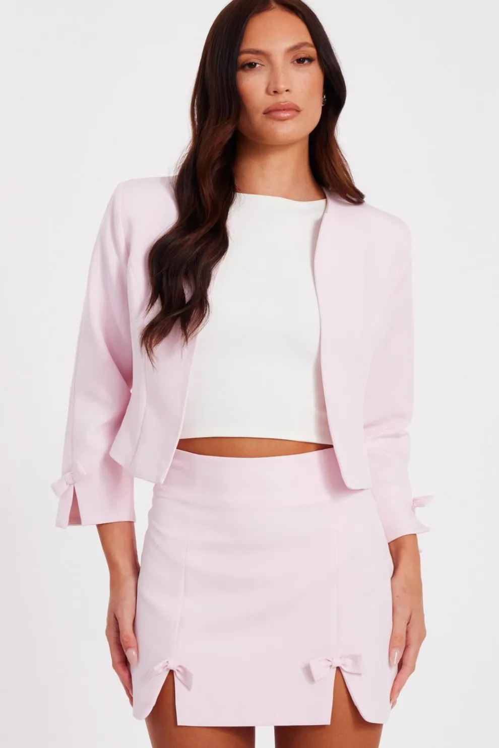 Pale Pink Bow Sleeve Cropped Blazer