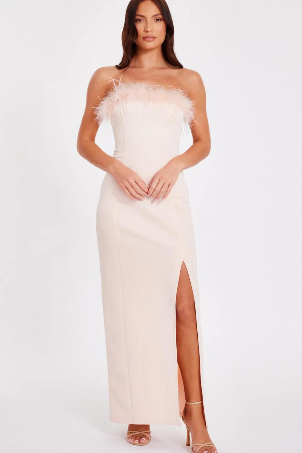 Peach Feather Trim Midaxi Dress