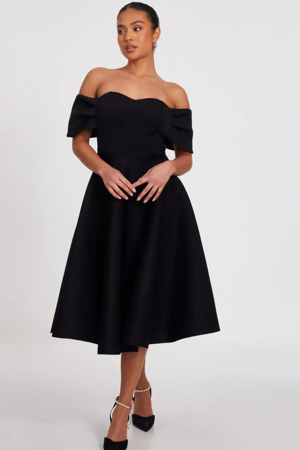 Petite Black Bardot Midi Skater Dress