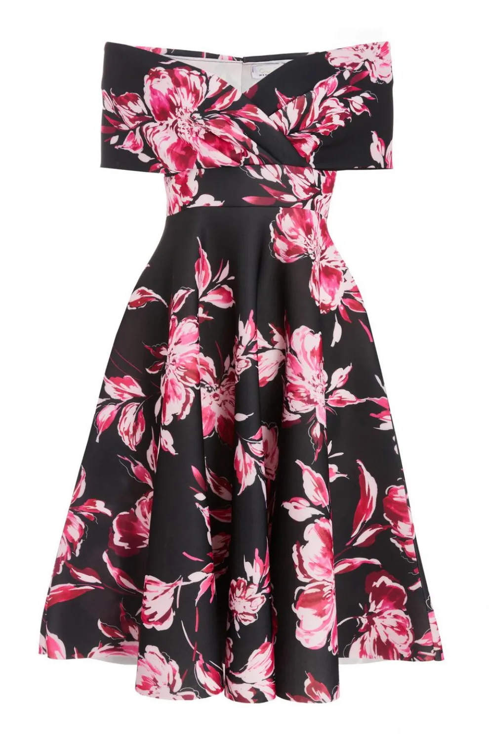 Petite Black Floral Bardot Skater Midi Dress