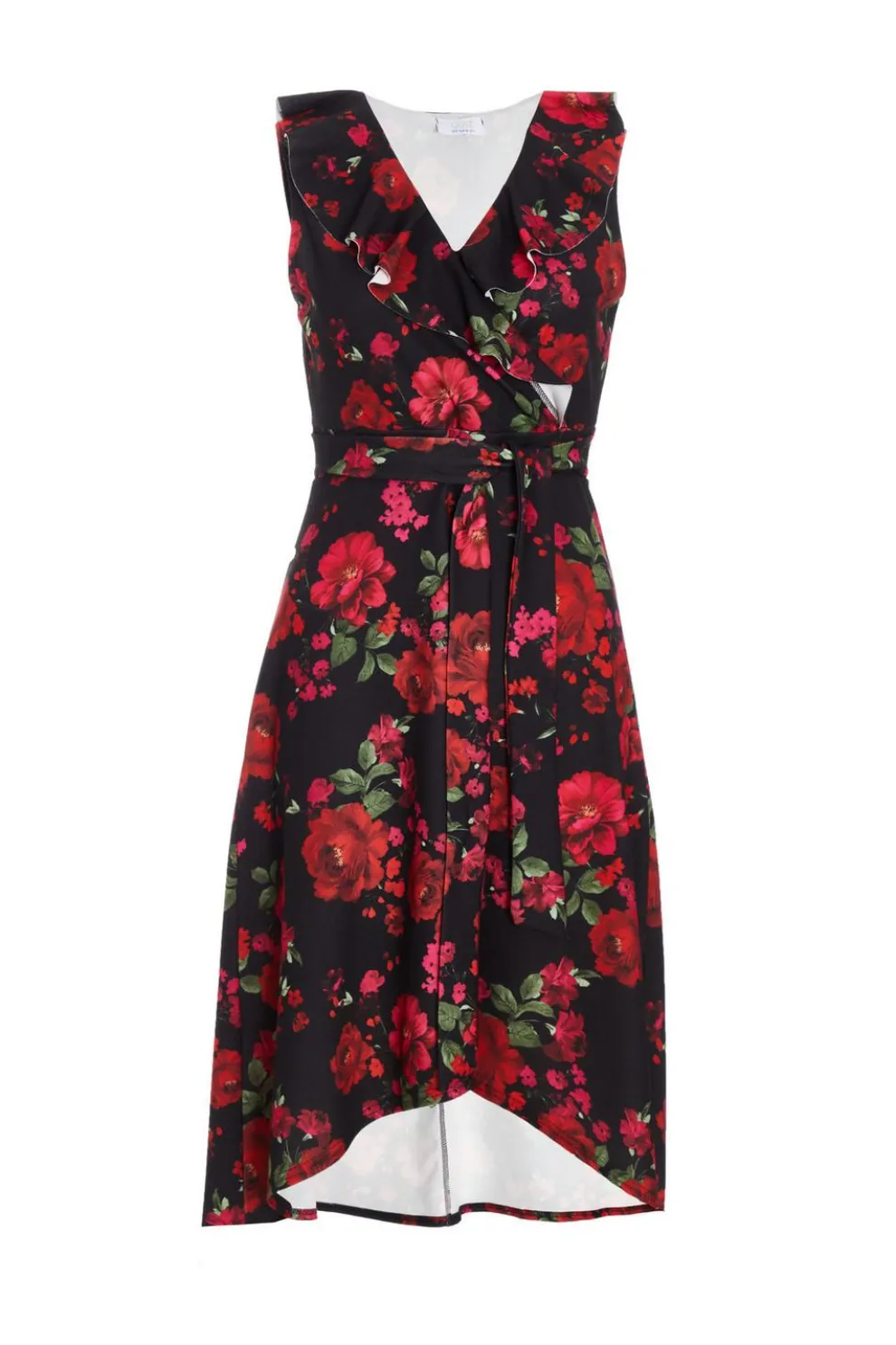 Petite Black Floral Dip Hem Midi Dress