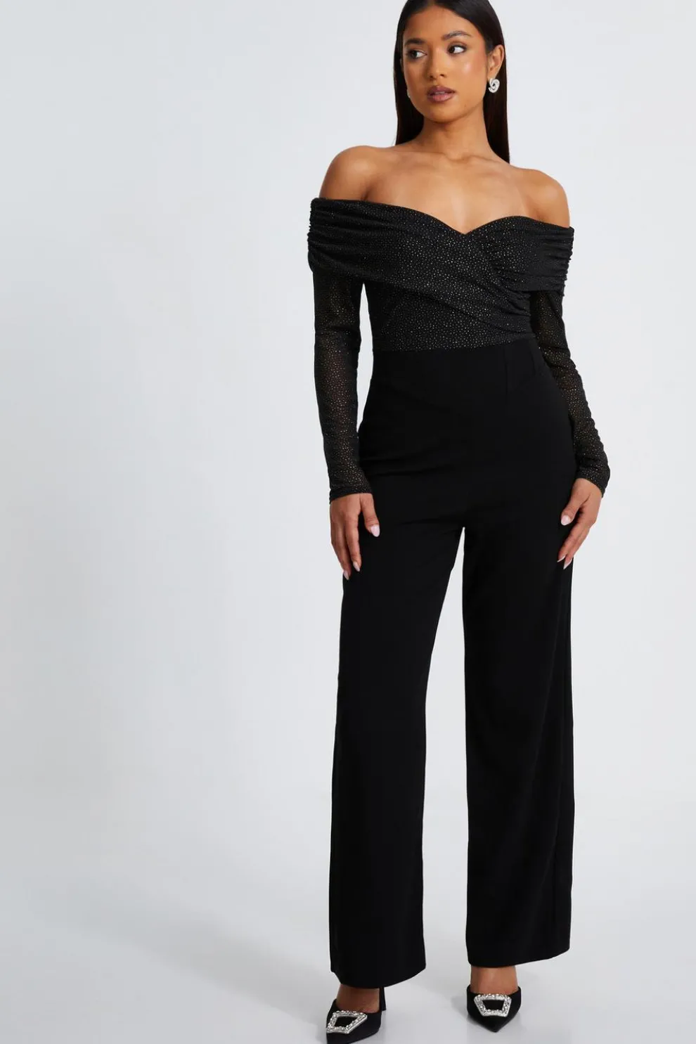 Petite Black Glitter Mesh Jumpsuit