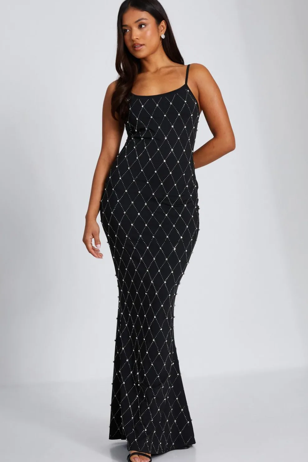 Petite Black Rhinestone Square Neck Maxi Dress