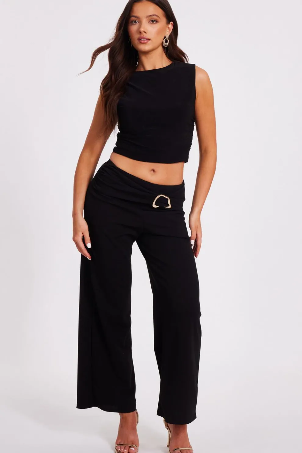 Petite Black Tie Waist Palazzo Trousers