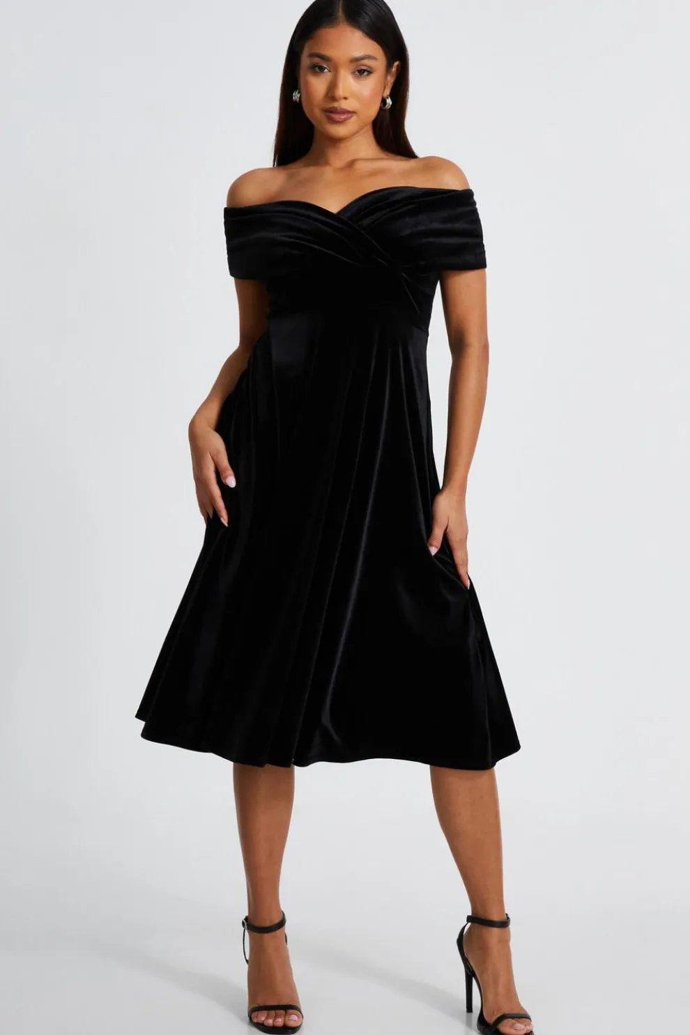 Petite Black Velvet Bardot Midi Dress