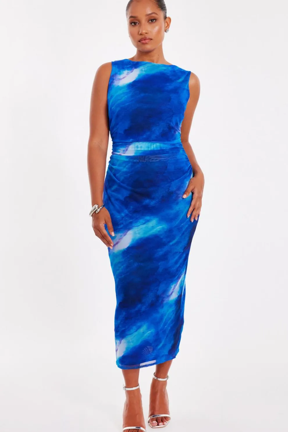 Petite Blue Mesh Marble Midaxi Dress