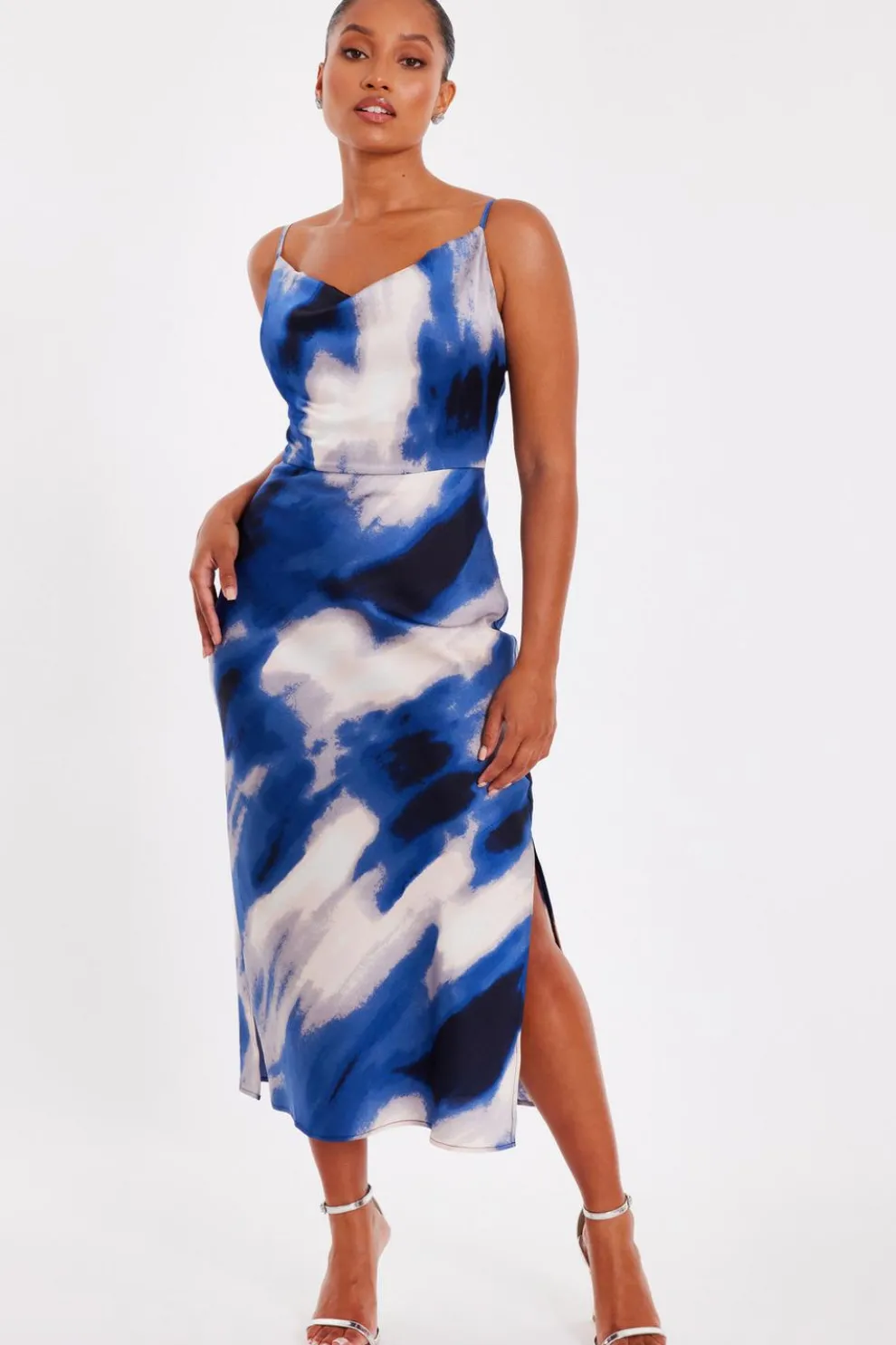 Petite Blue Satin Marble Midaxi Dress
