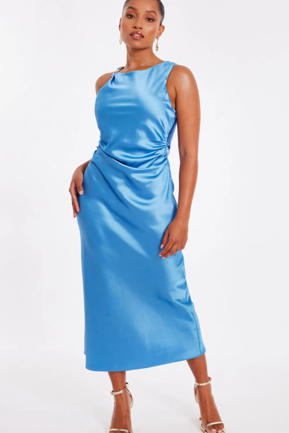 Petite Blue Satin Ruched Midaxi Dress