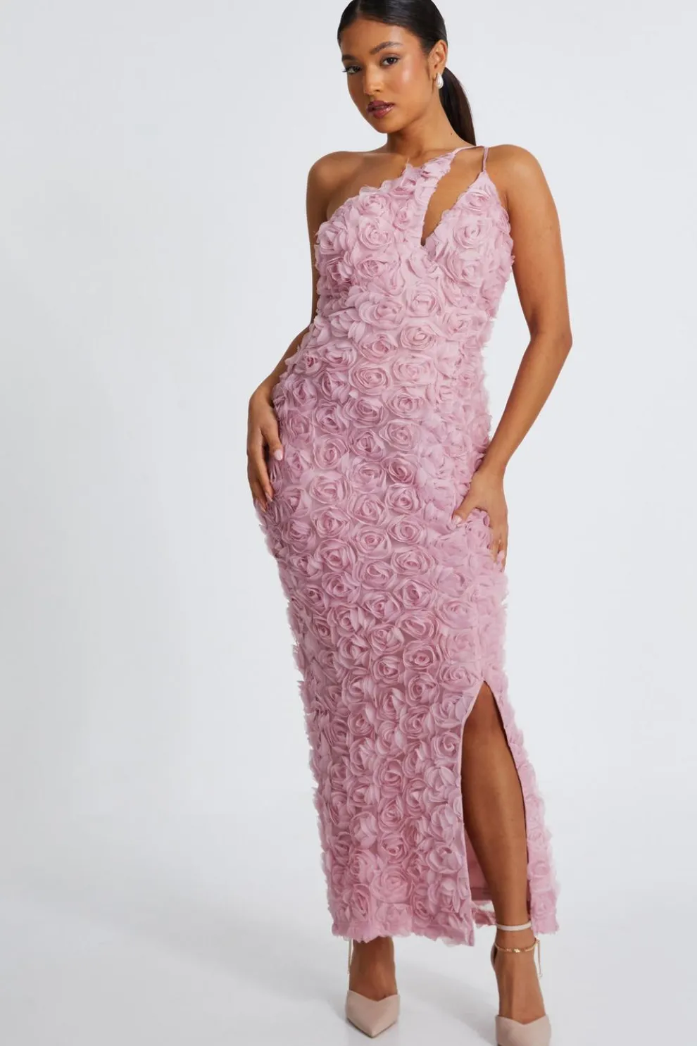 Petite Blush One Shoulder Floral Maxi Dress