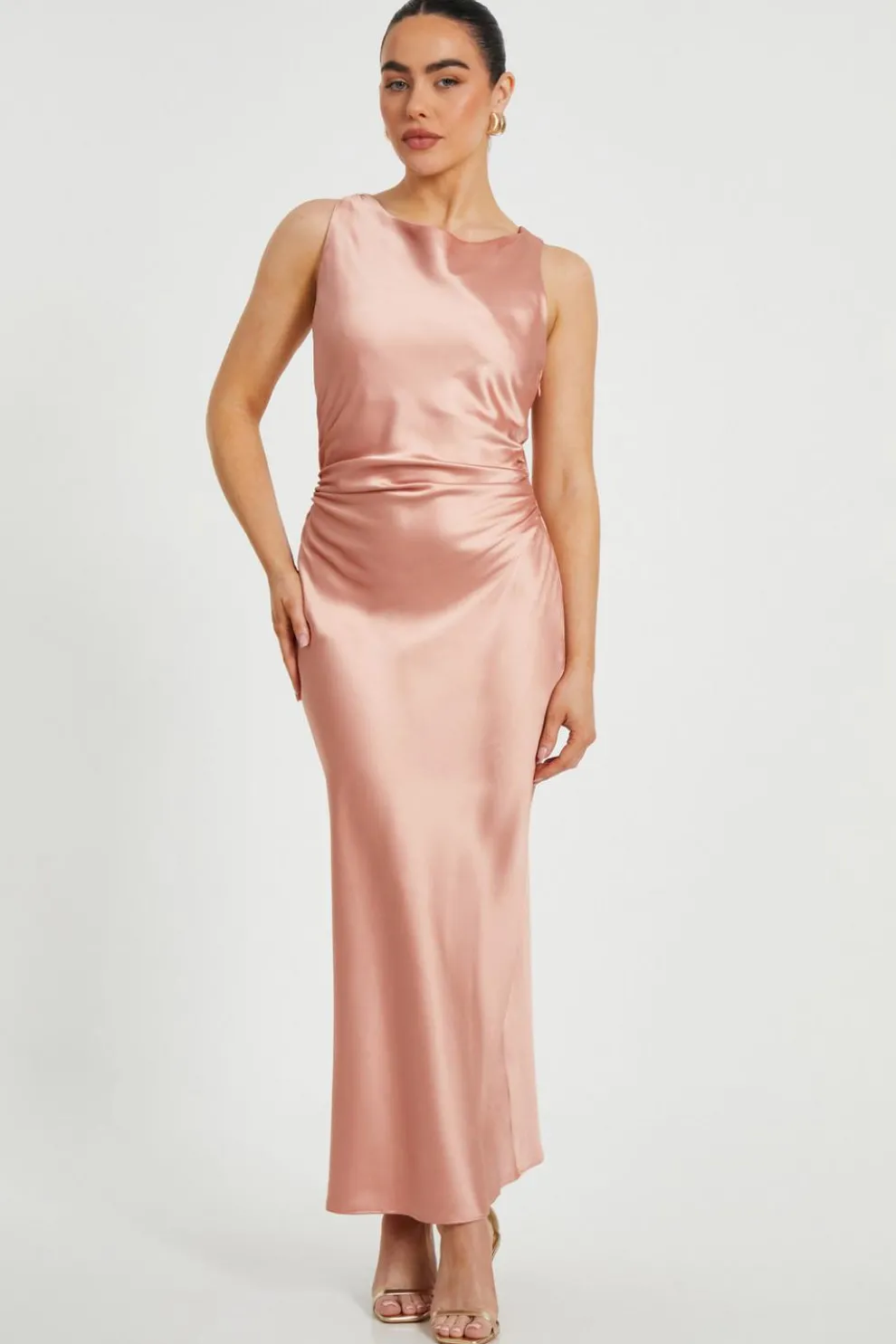 Petite Blush Satin Ruched Midaxi Dress