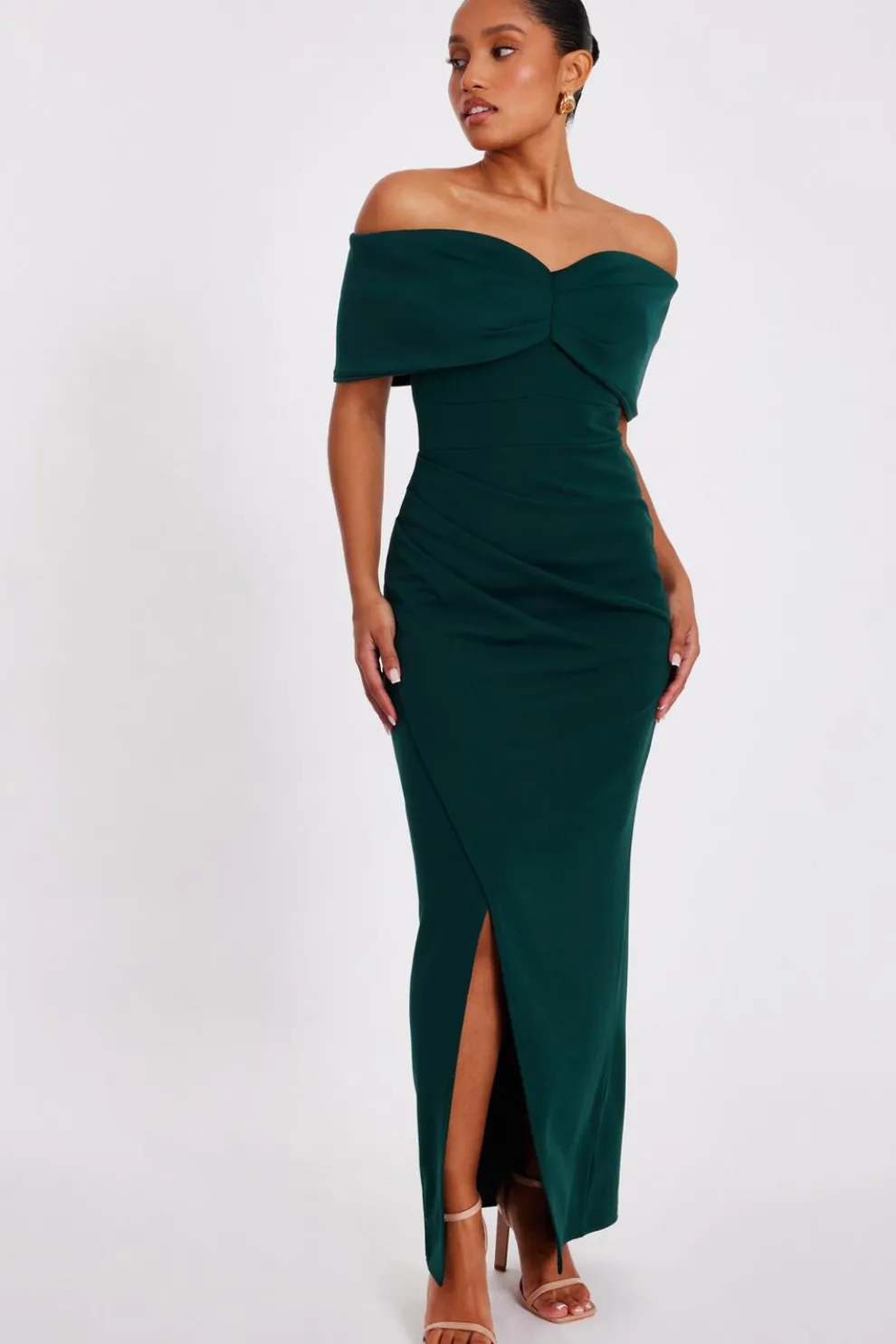 Petite Bottle Green Bardot Wrap Maxi Dress