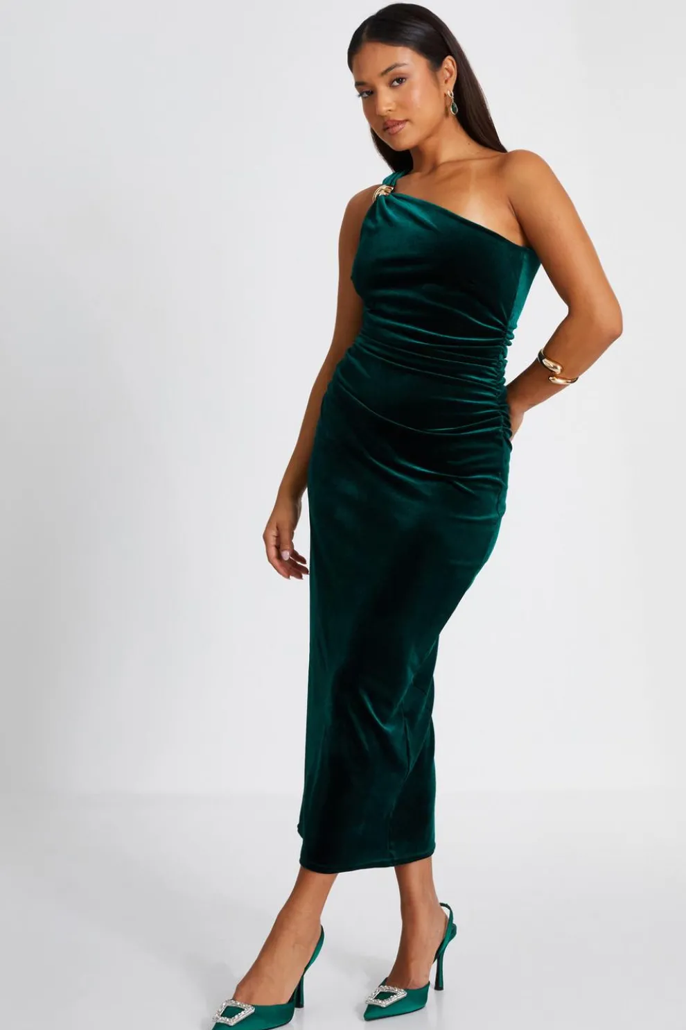 Petite Bottle Green Velvet Midaxi Dress