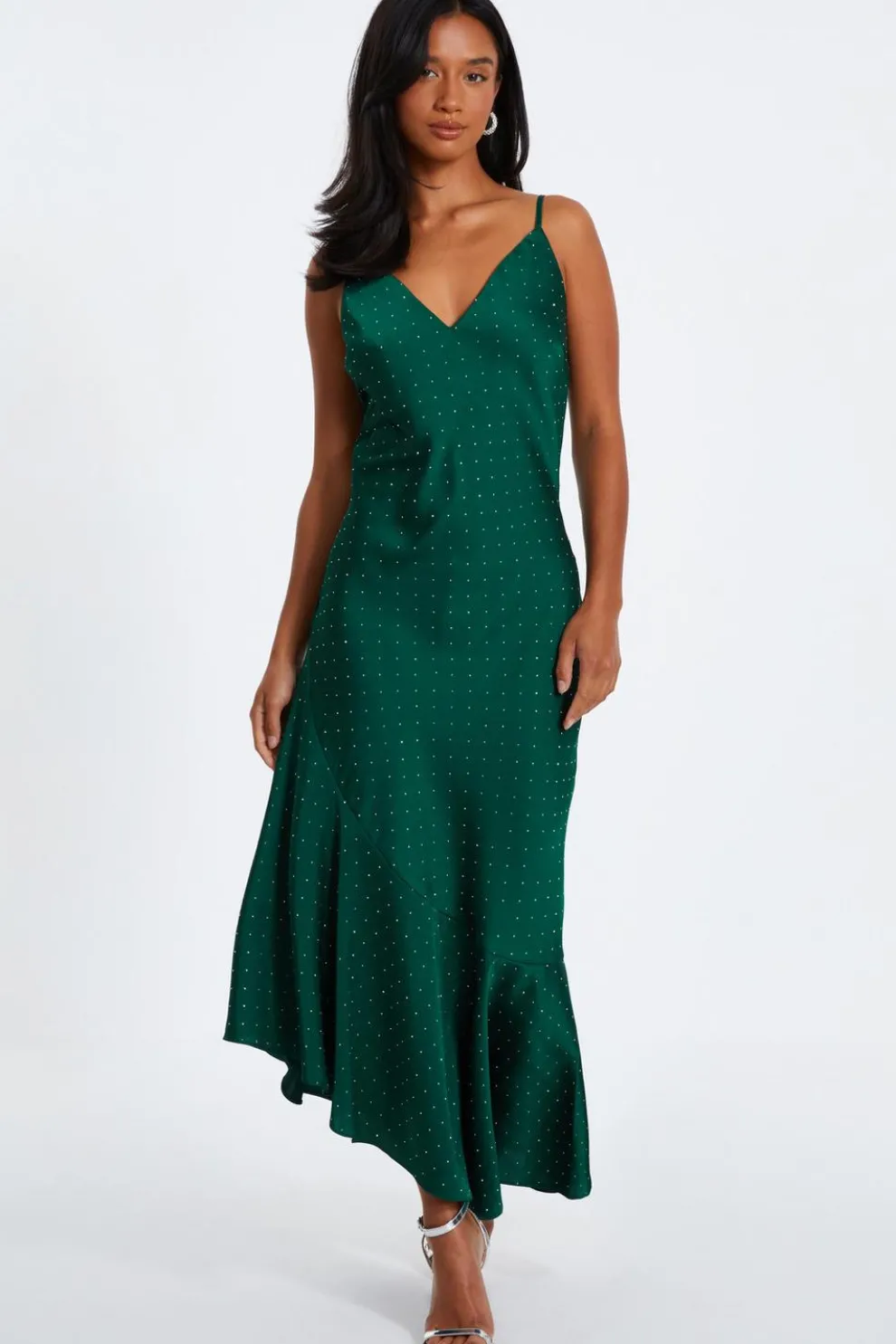 Petite Bottle Green Satin Asymmetric Midaxi Dress