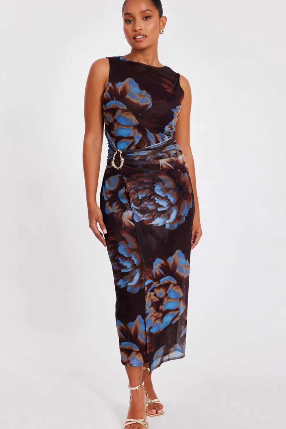 Petite Brown Floral Mesh Midaxi Dress