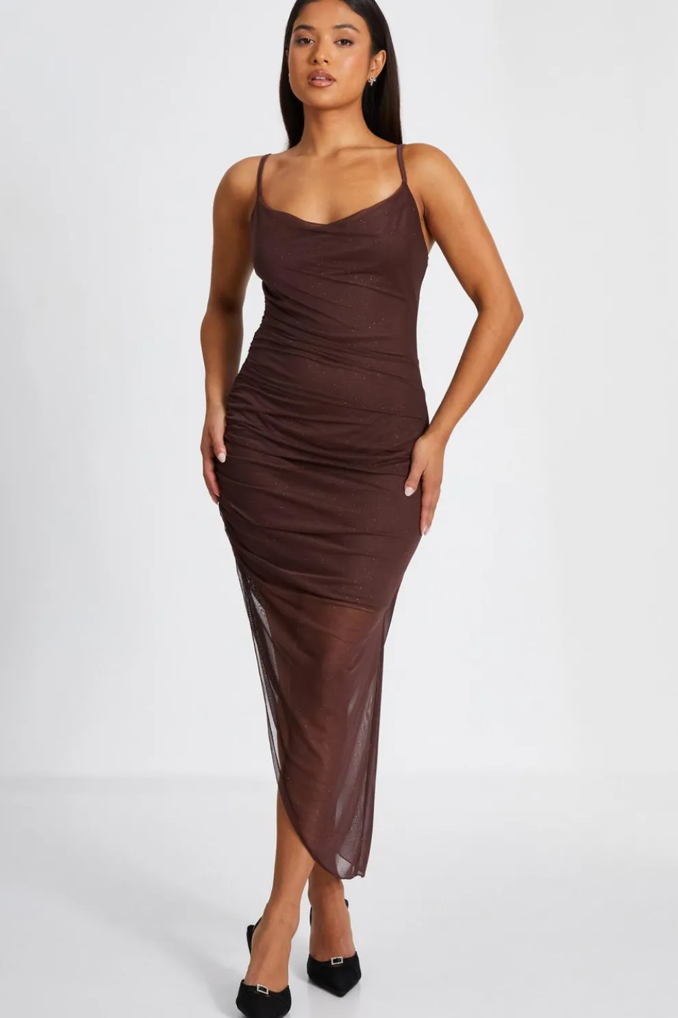 Petite Brown Glitter Mesh Midaxi Dress