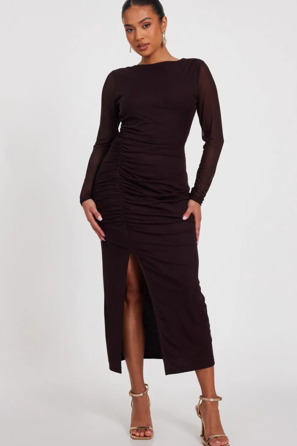 Petite Brown Mesh Long Sleeve Midaxi Dress