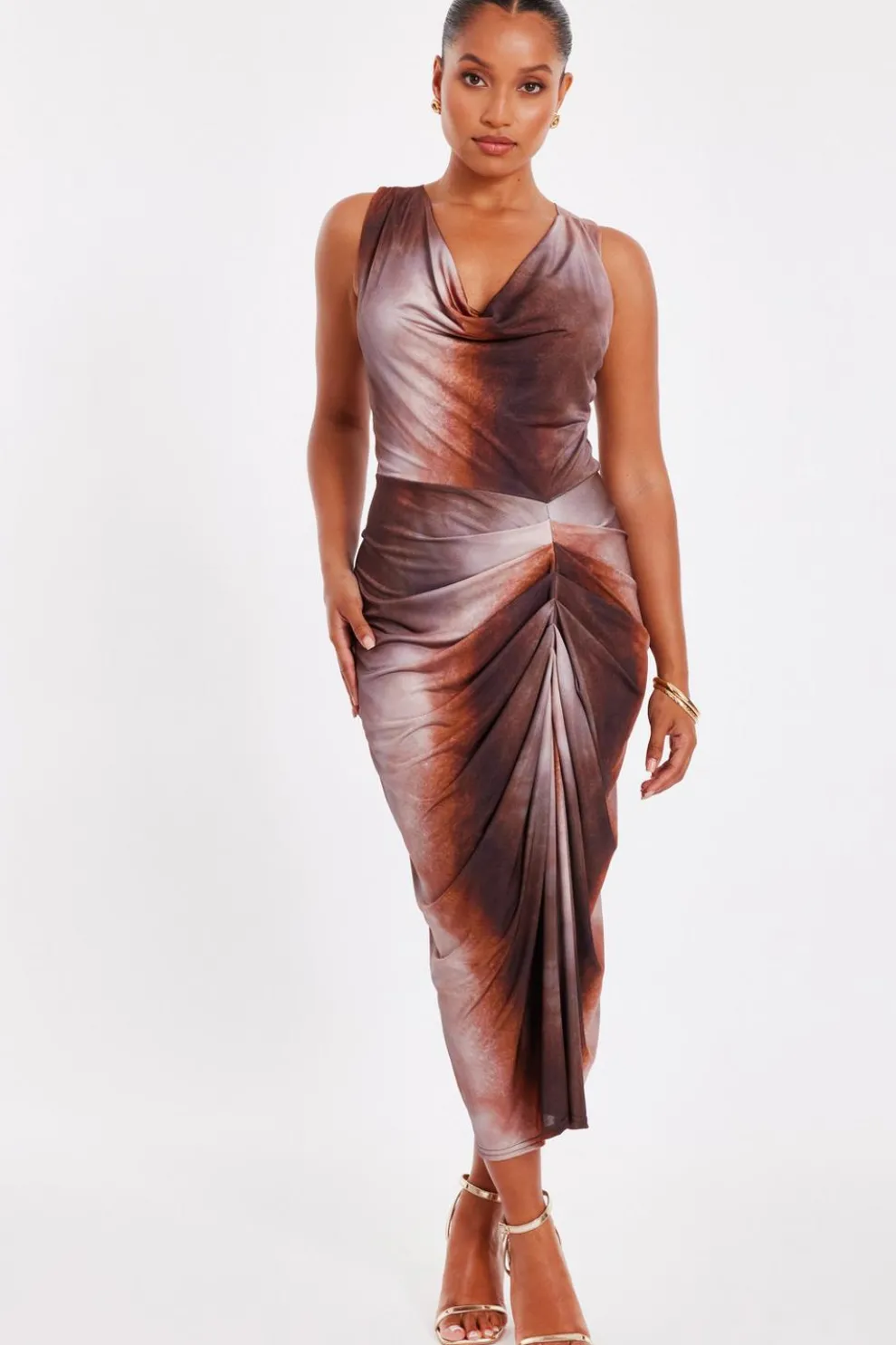 Petite Brown Ruched Side Midi Dress