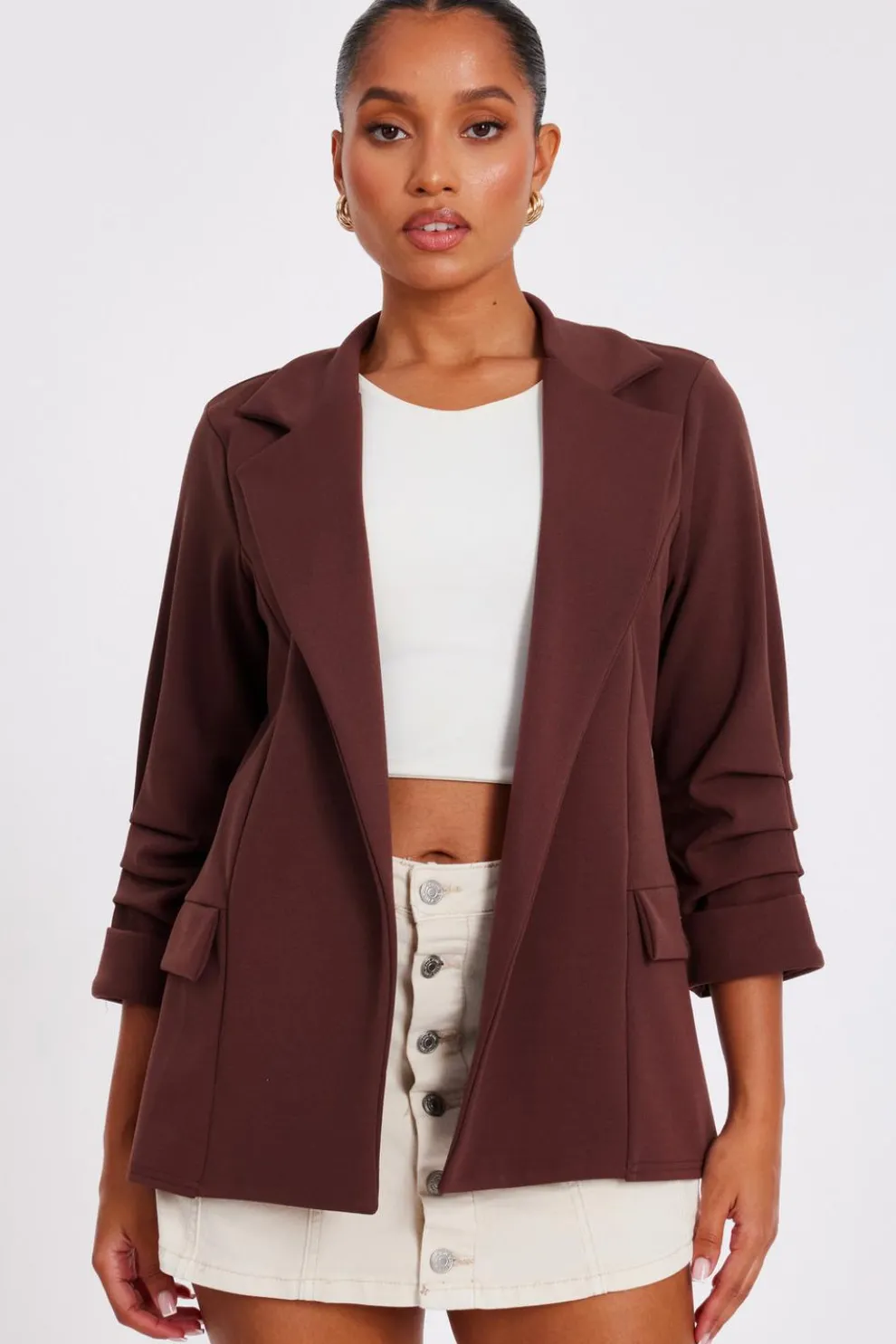 Petite Brown Ruched Sleeve Blazer