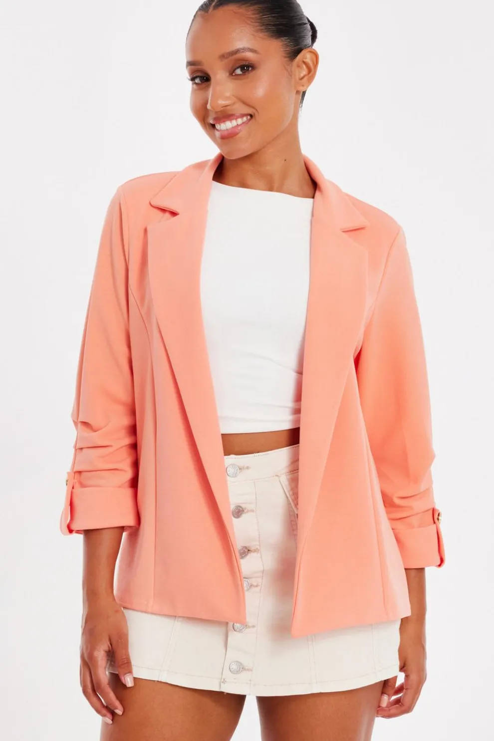 Petite Coral Ruched Sleeve Blazer