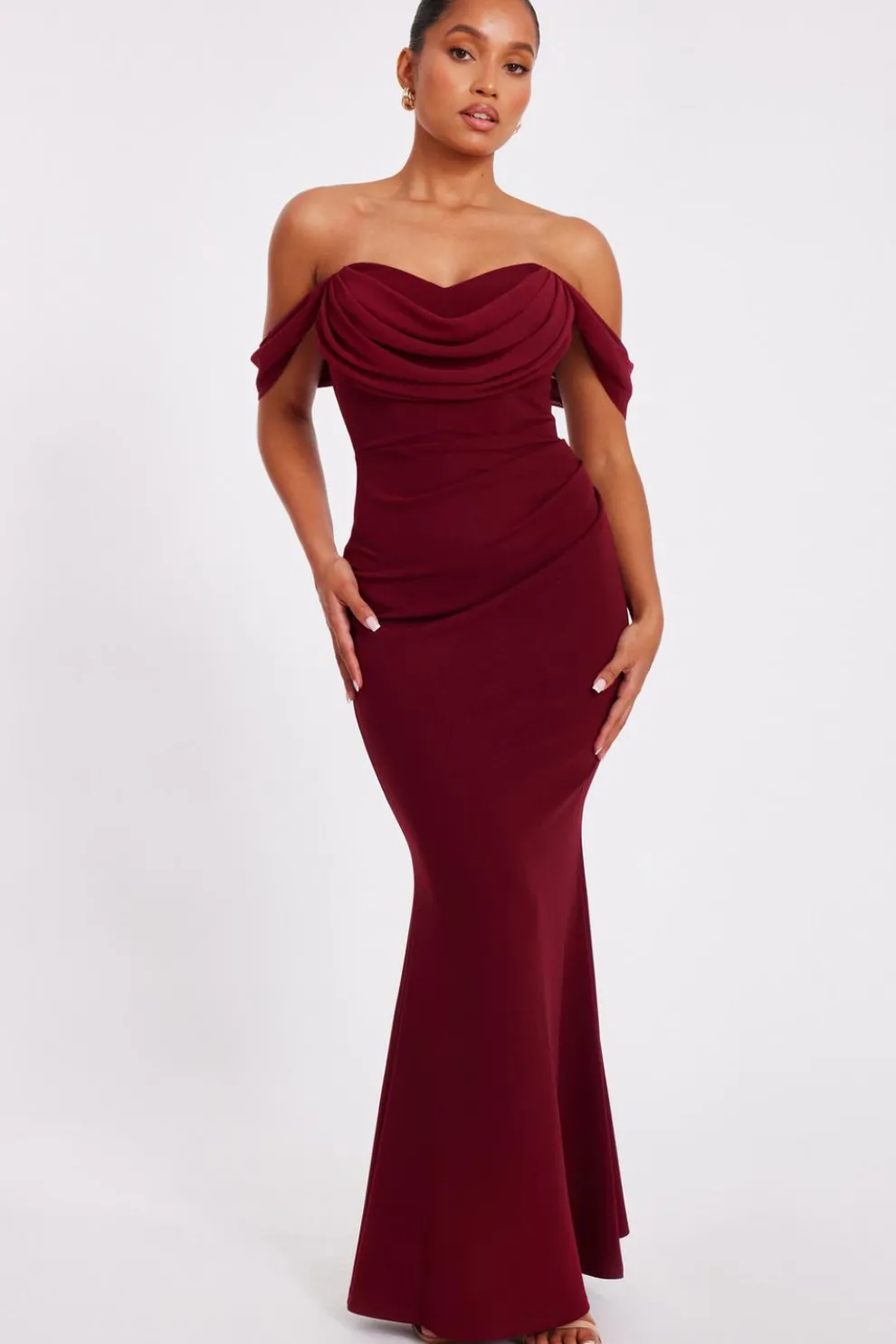 Petite Dark Red Chiffon Bardot Maxi Dress