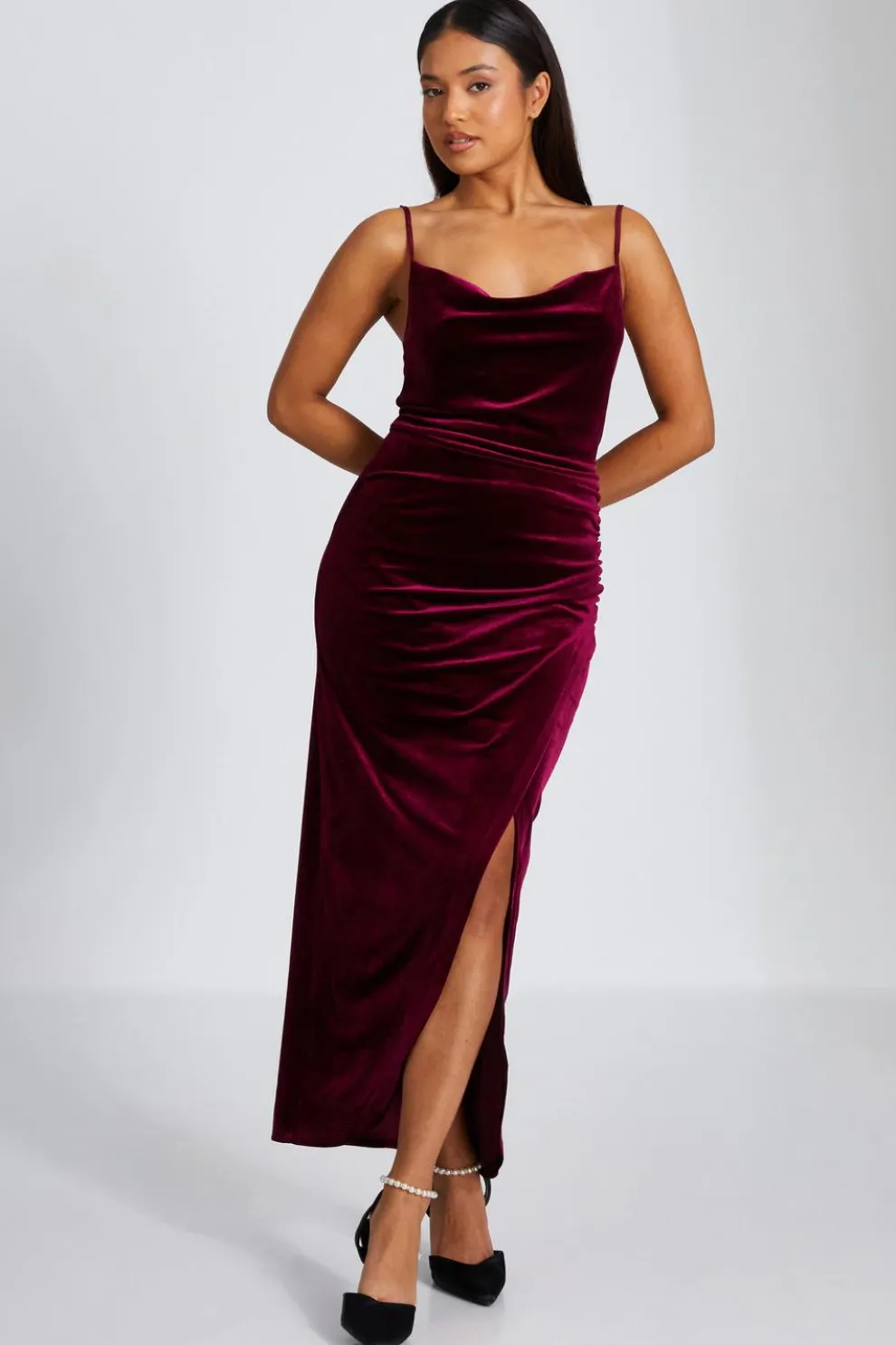 Petite Dark Red Cowl Neck Midaxi Dress