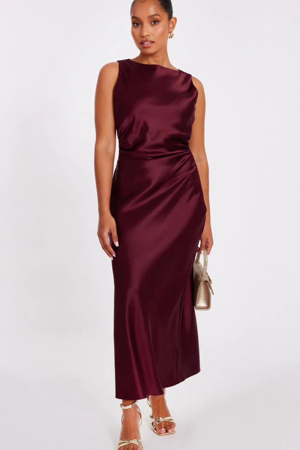 Petite Dark Red Satin Ruched Midaxi Dress