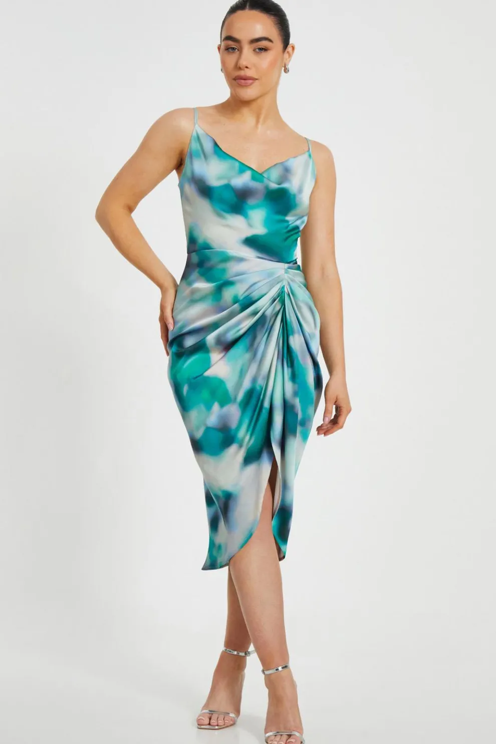 Petite Green Satin Marble Print Midi Dress