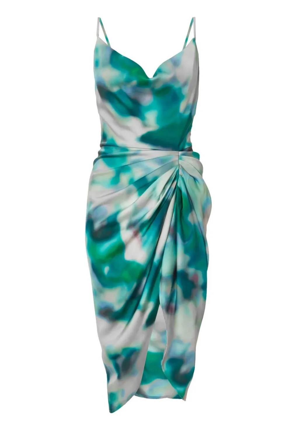 Petite Green Satin Marble Print Midi Dress