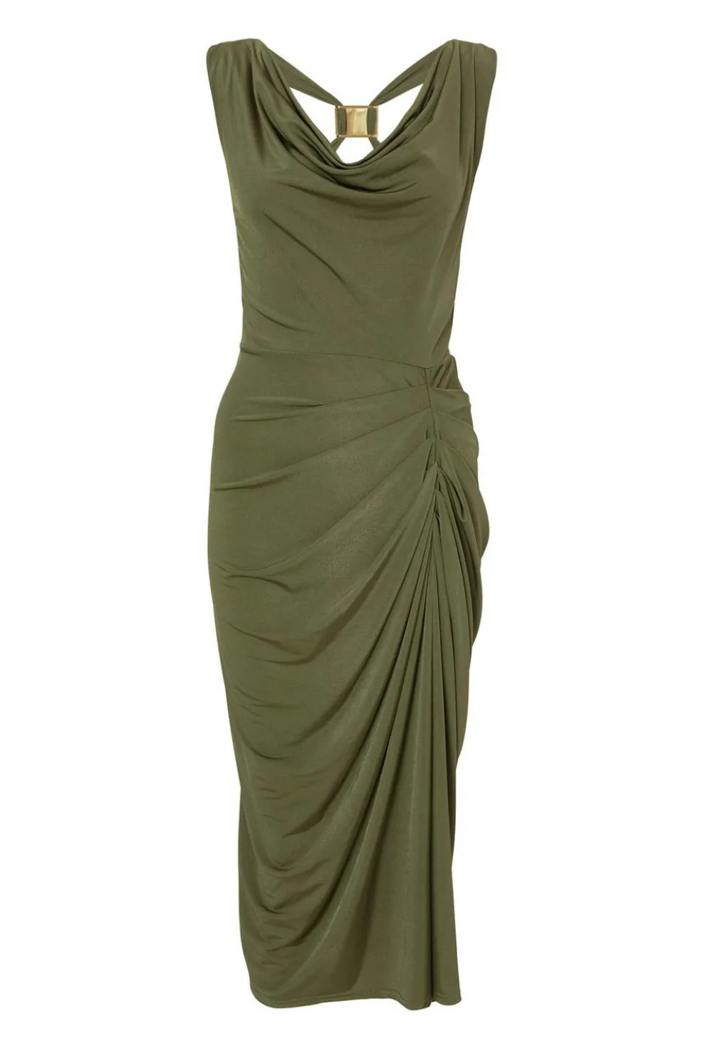 Petite Khaki Cowl Neck Midi Dress