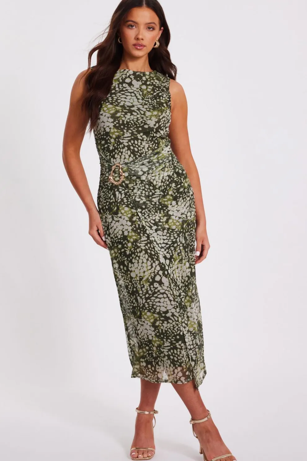 Petite Khaki Mesh Animal Print Midaxi Dress