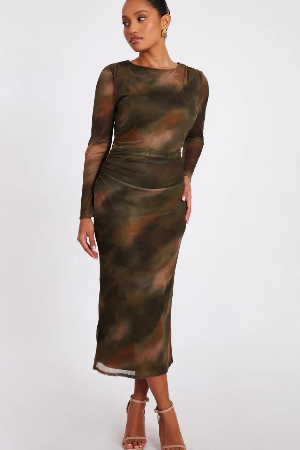 Petite Khaki Printed Long Sleeve Midaxi Dress