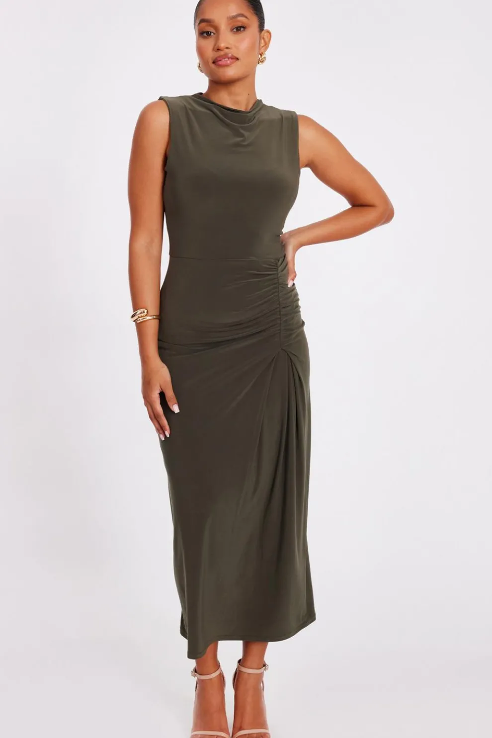 Petite Khaki Ruched Bodycon Midaxi Dress