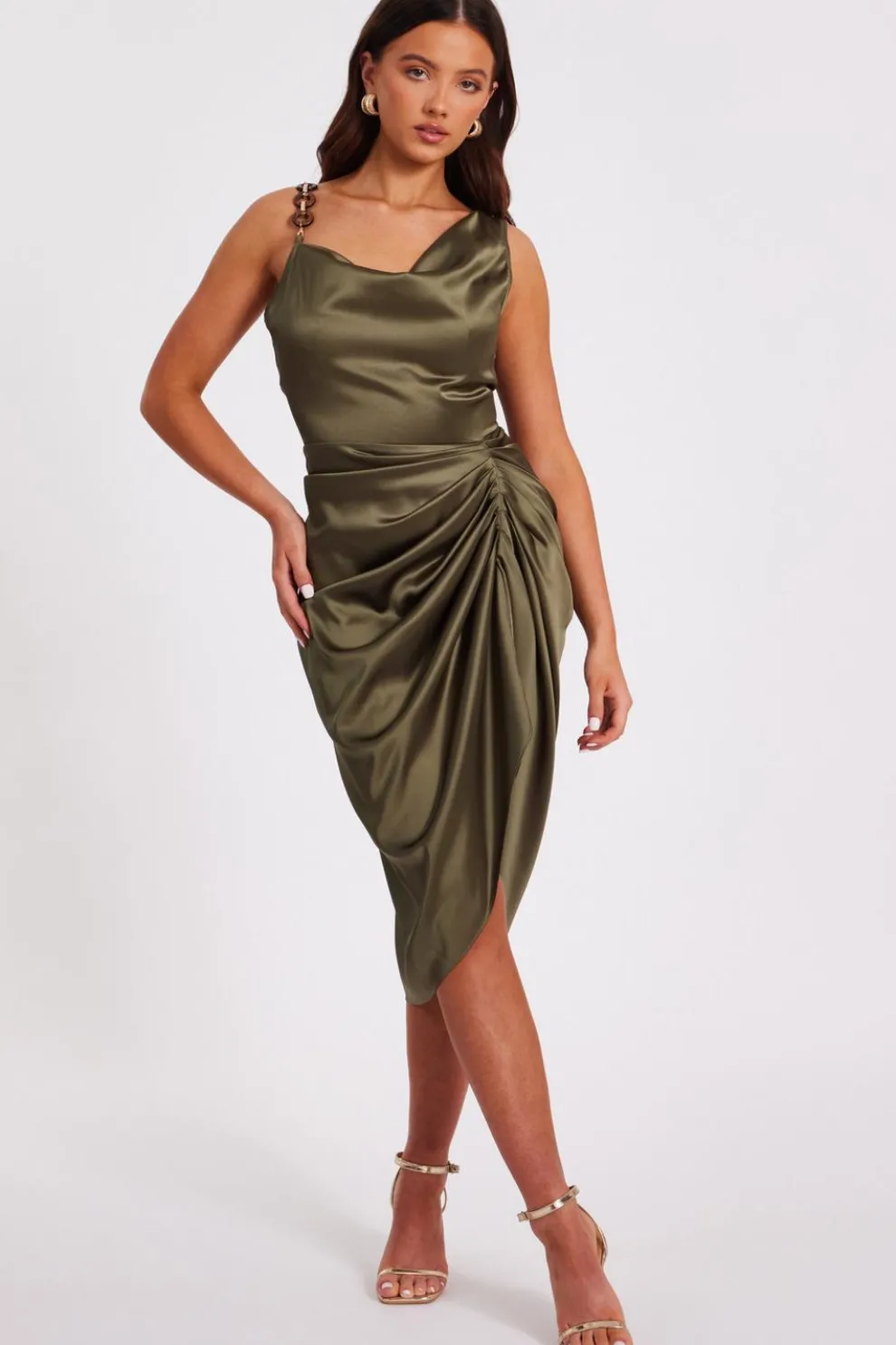 Petite Khaki Satin Ruched Midi Dress
