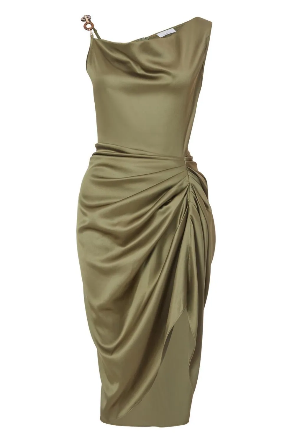Petite Khaki Satin Ruched Midi Dress
