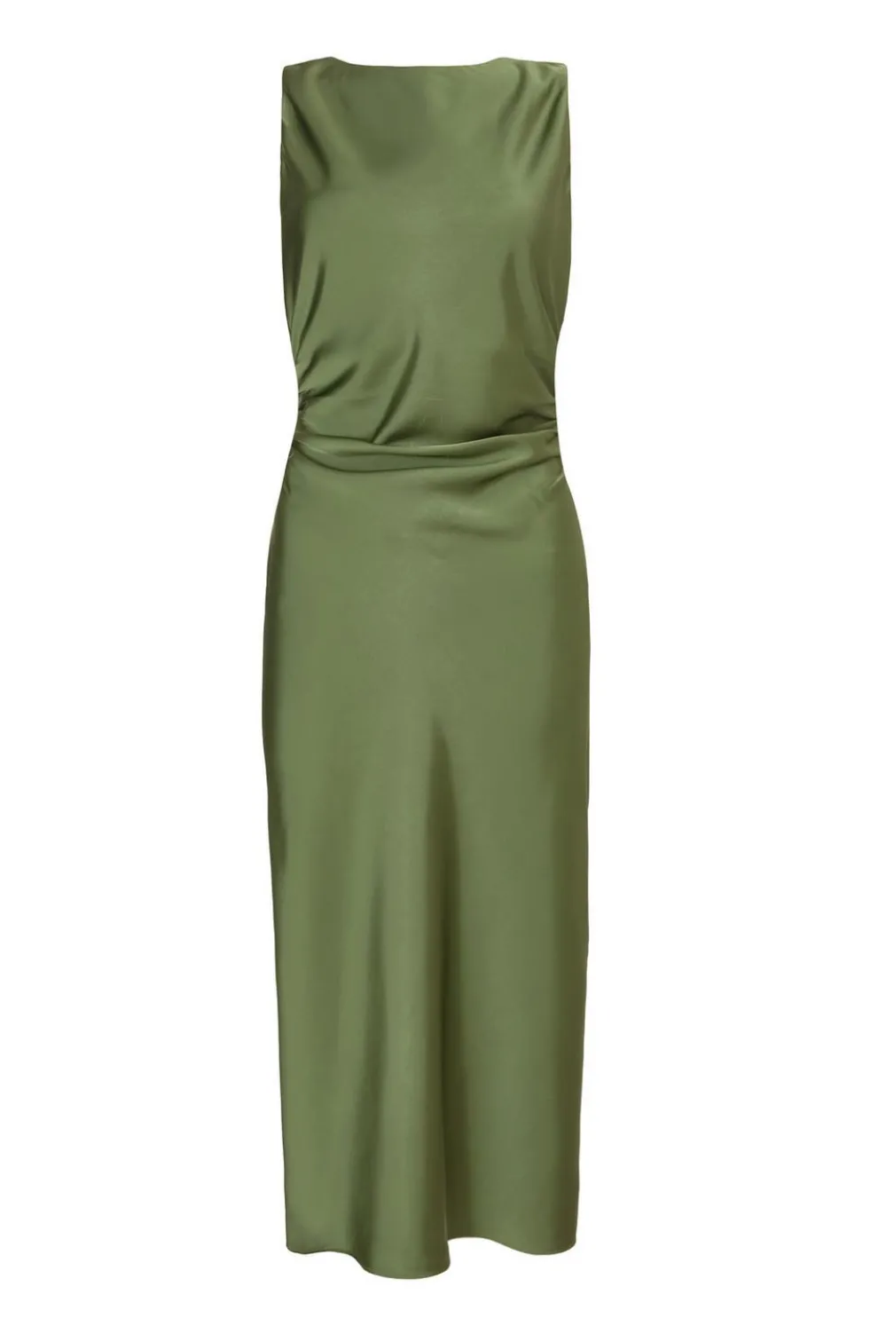 Petite Khaki Satin Ruched Midi Dress