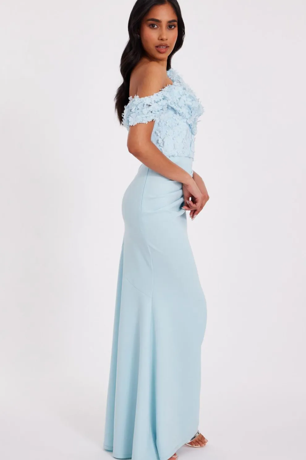 Petite Light Blue Floral Ruched Maxi Dress
