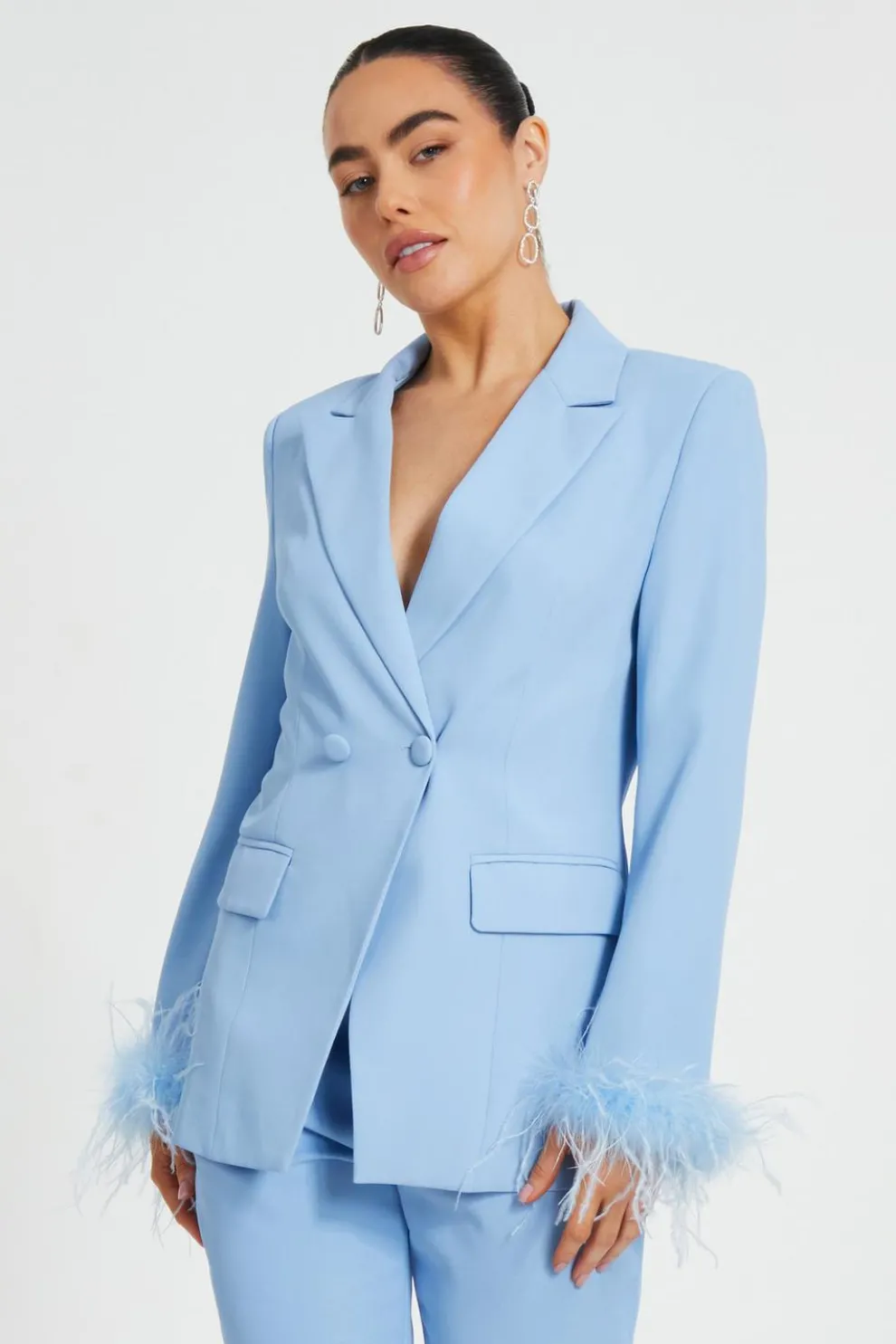 Petite Light Blue Feather Trim Blazer