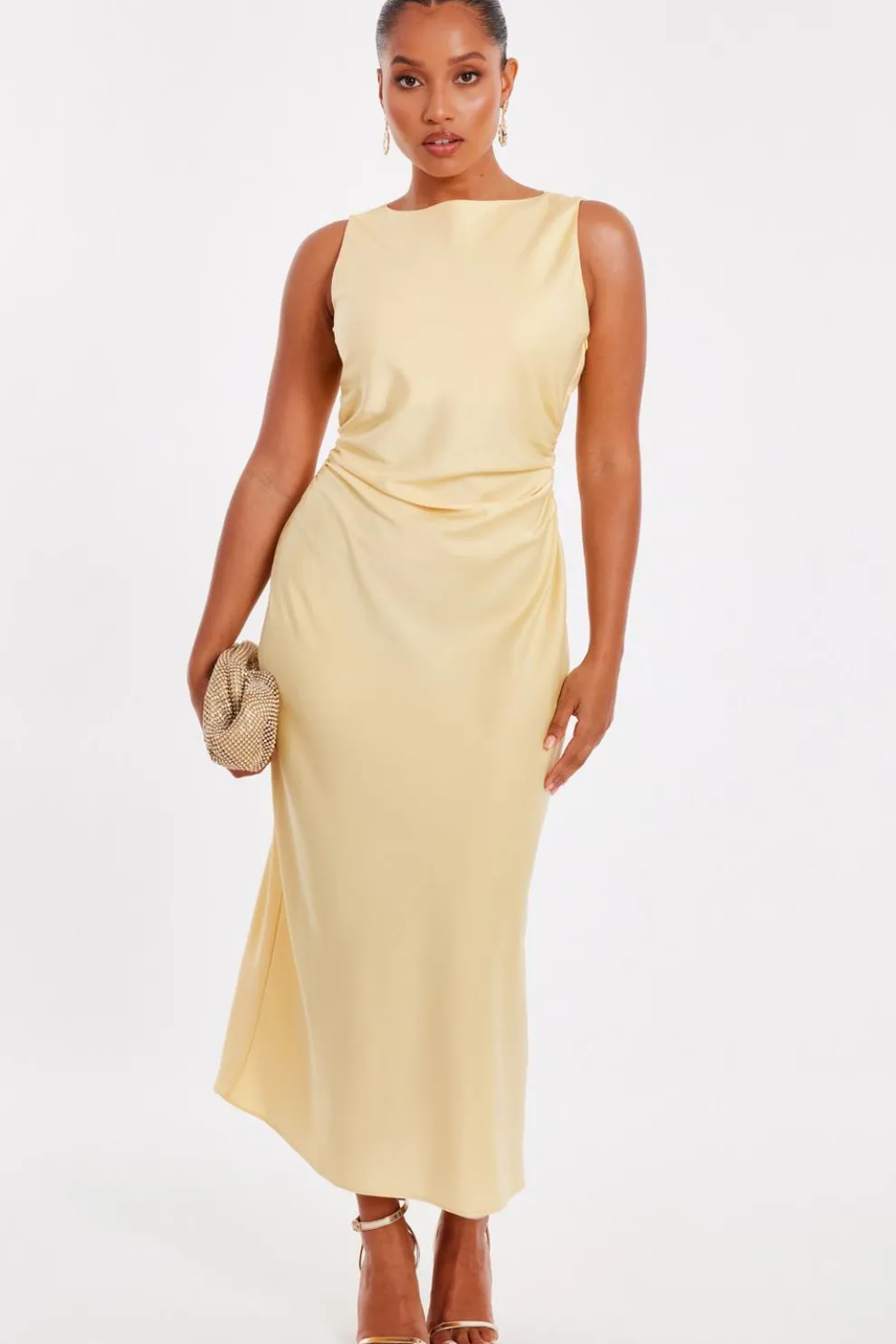 Petite Light Yellow Satin Ruched Midi Dress