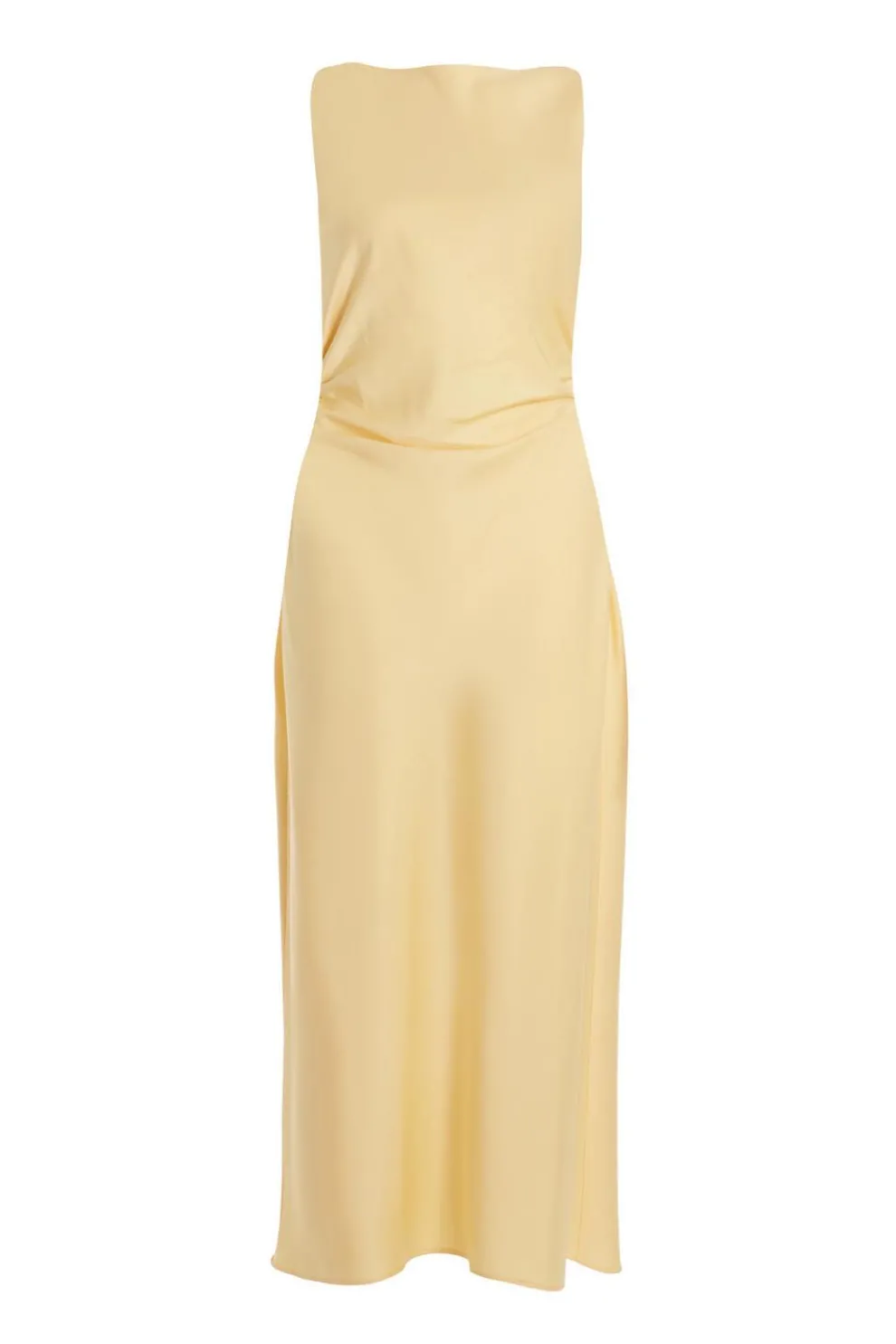 Petite Light Yellow Satin Ruched Midi Dress