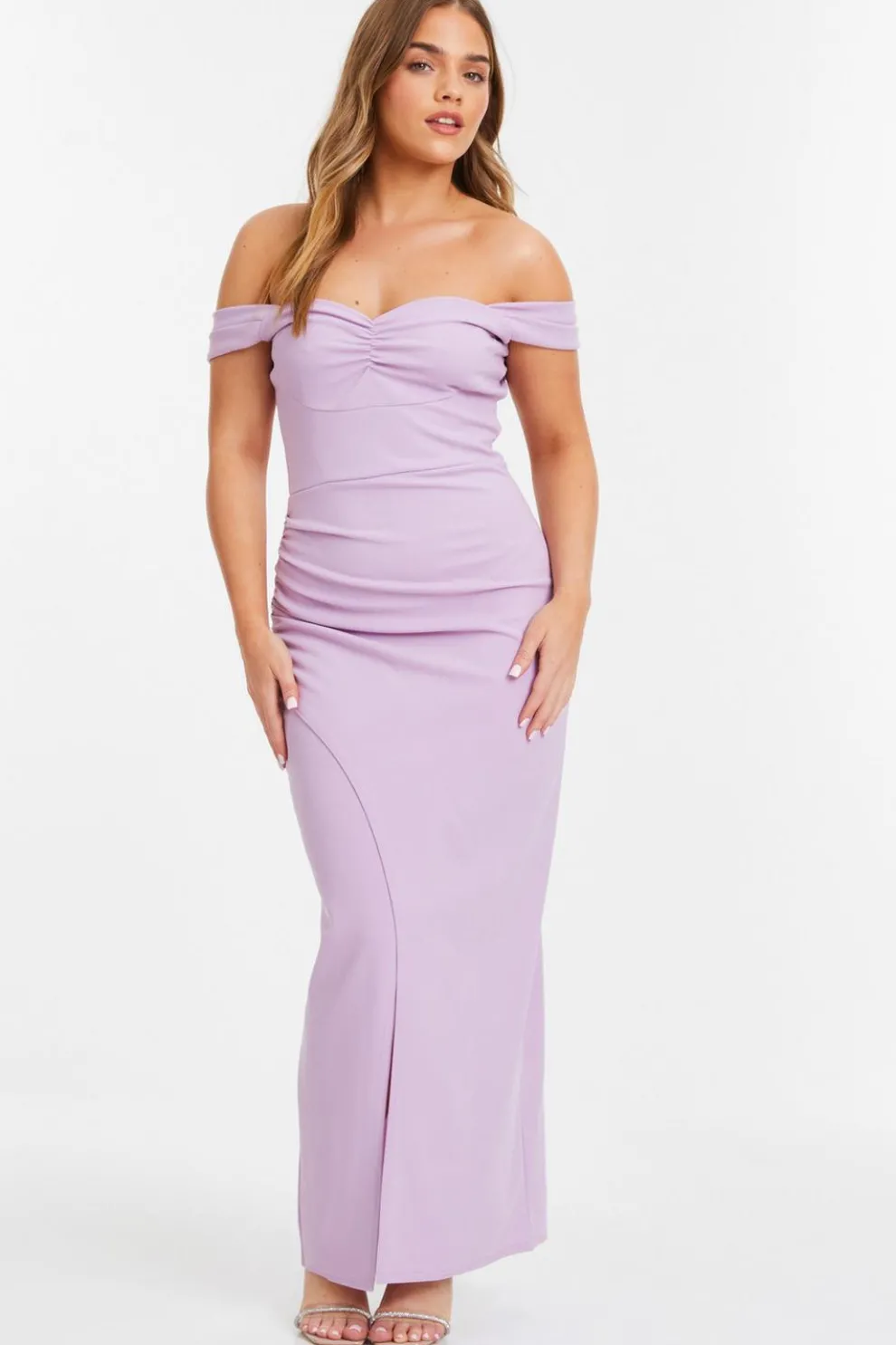 Petite Lilac Ruched Bardot Maxi Dress