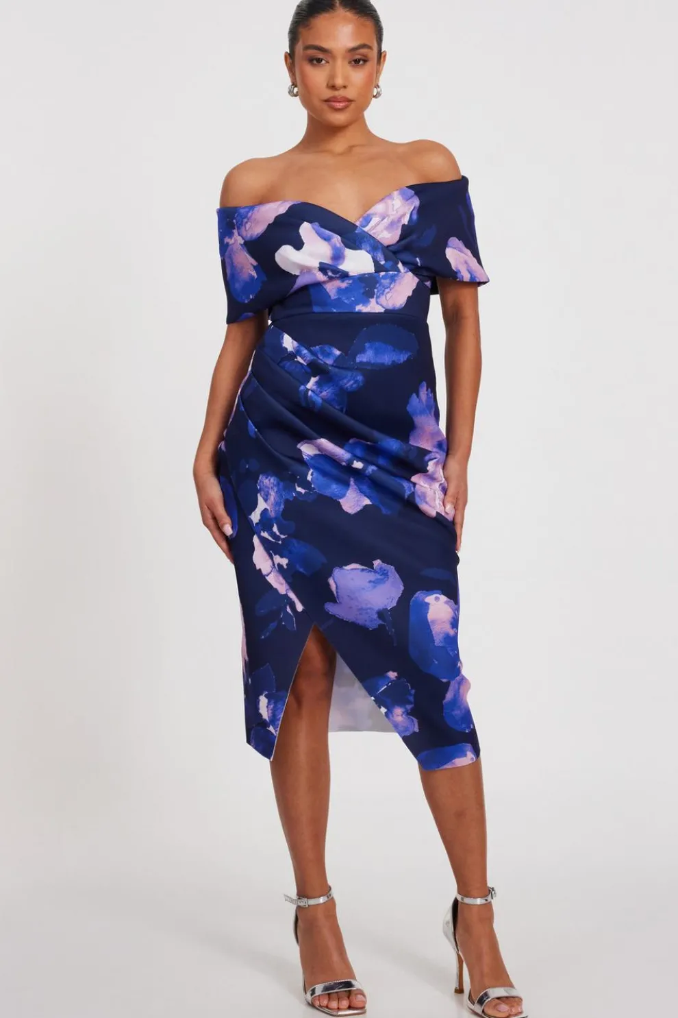 Petite Navy Floral Bardot Midi Dress