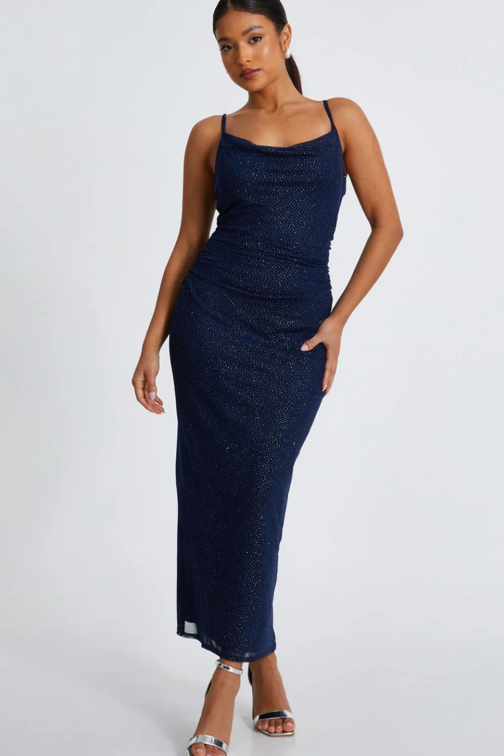 Petite Navy Glitter Mesh Midaxi Dress