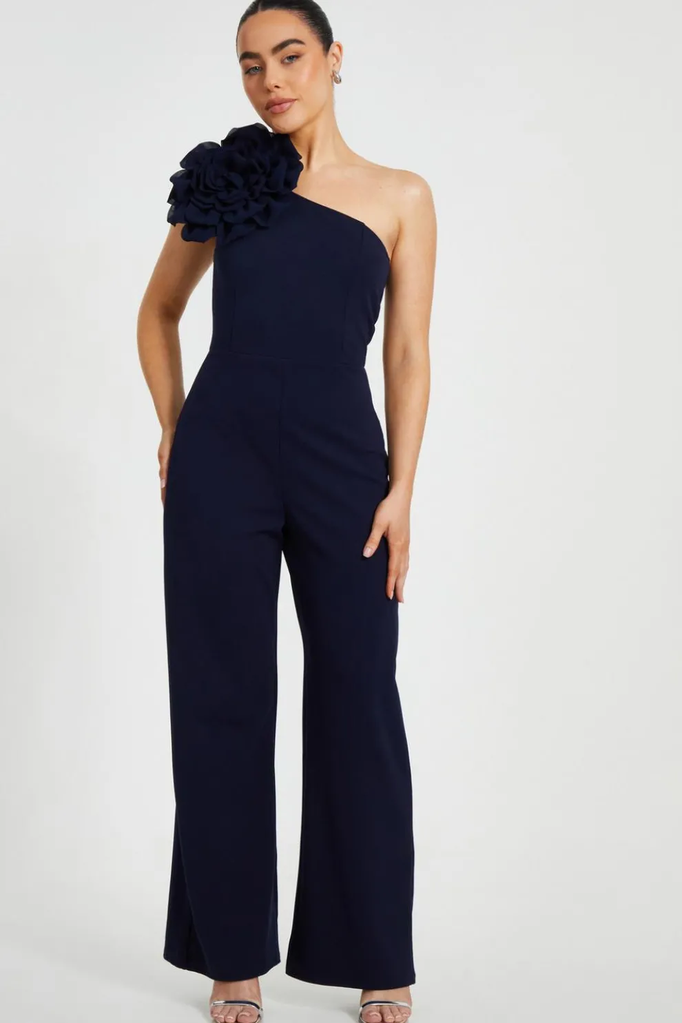 Petite Navy One Shoulder Floral Jumpsuit