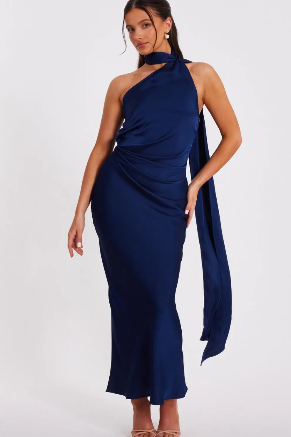 Petite Navy Satin Wrap Neck Maxi Dress