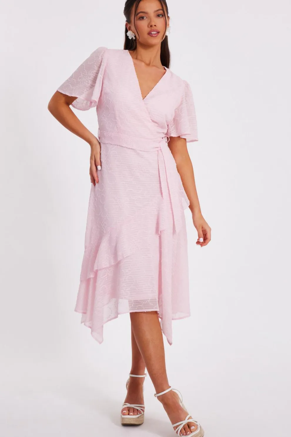 Petite Pale Pink Textured Chiffon Midi Dress